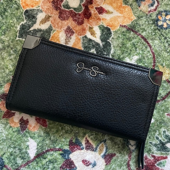 Jessica Simpson Handbags - Jessica Simpson Black Faux Leather Zip-Around Wallet w/ Leopard Print Interior